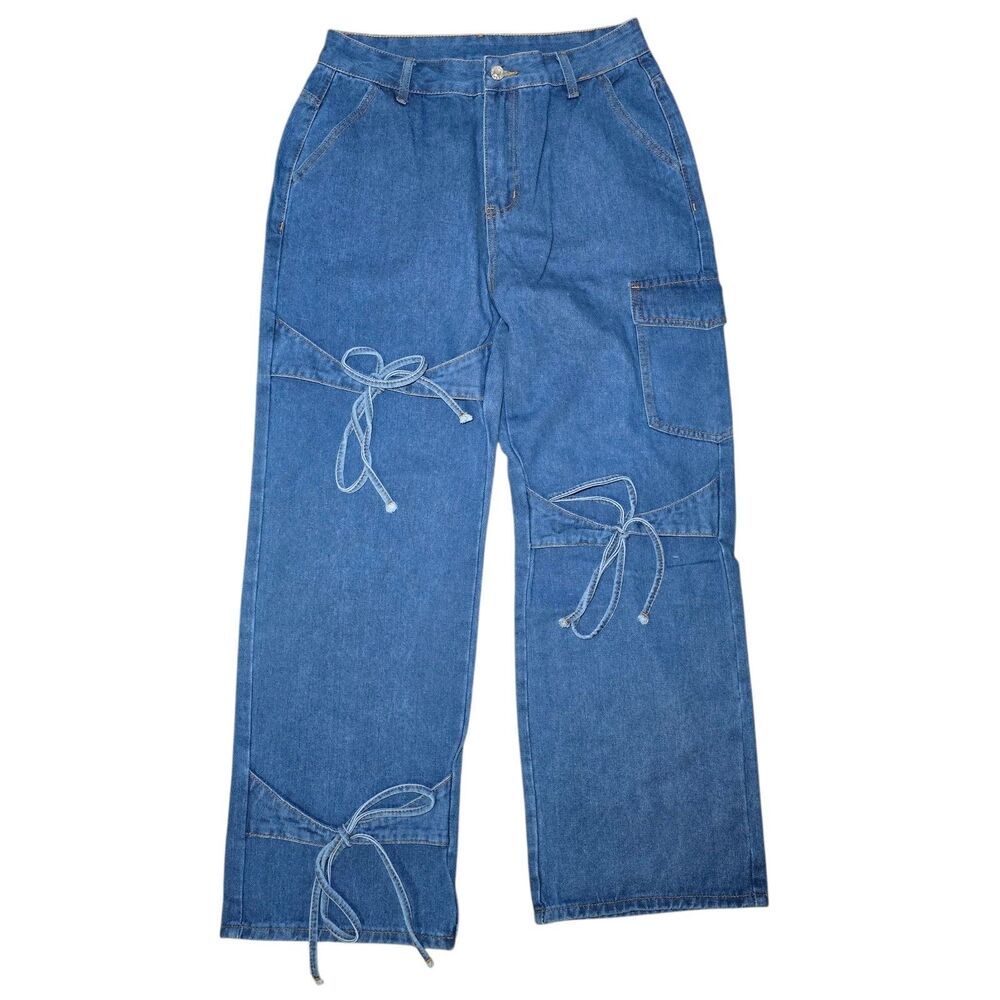 Women's High Waist Denim Cargo Jeans Lace-Up Bow Tie Detail Wide Leg Size Large